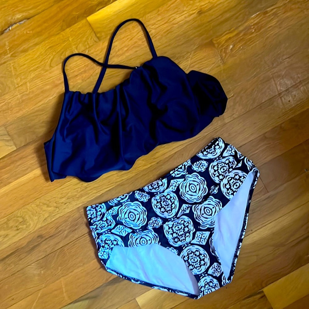 Bahia Blue navy flutter bikini top and navy/white bottom